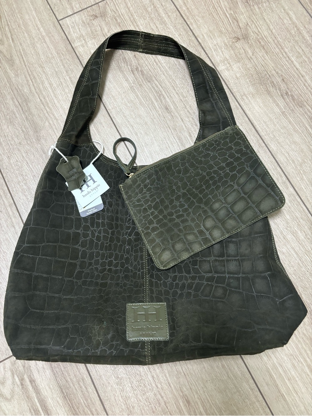 Haute Hippie Olive Green Croc-Embossed Duffel Bag with Zip Pouch